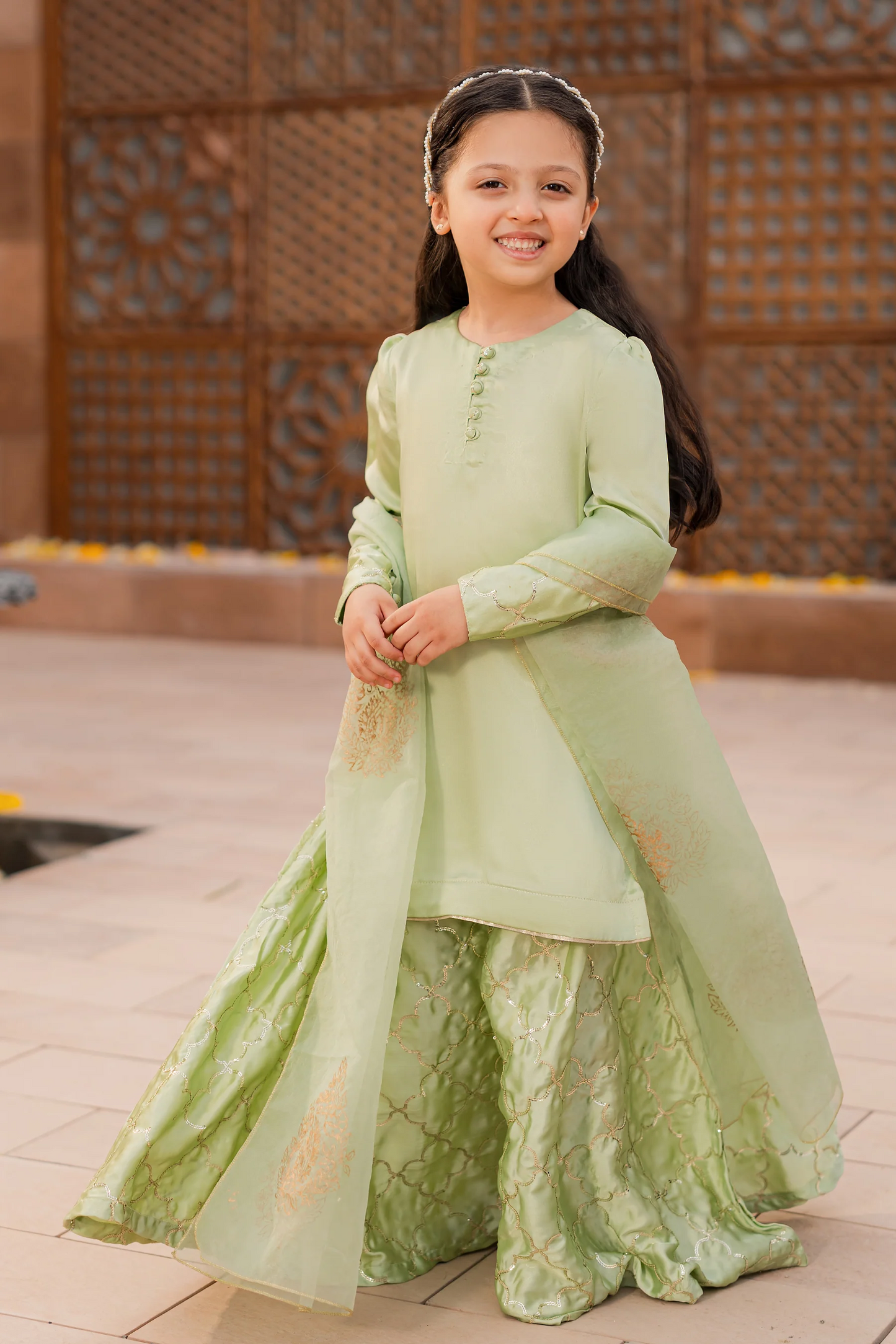Kids Olive Silk Sharara Suit