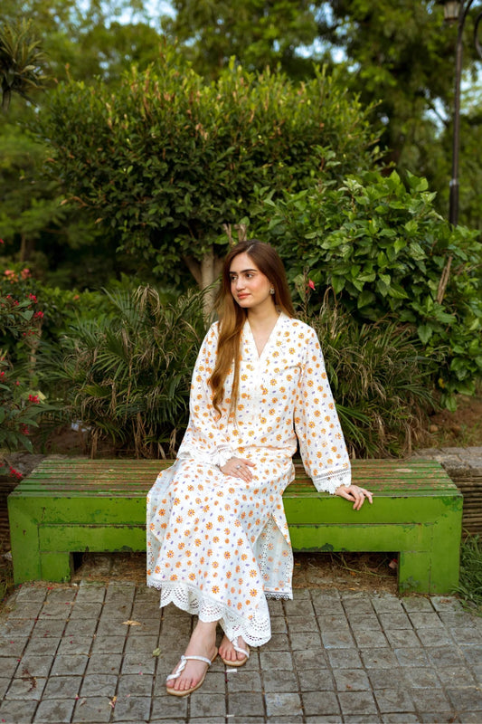 White Floral Chikenkari Set - ASR-17