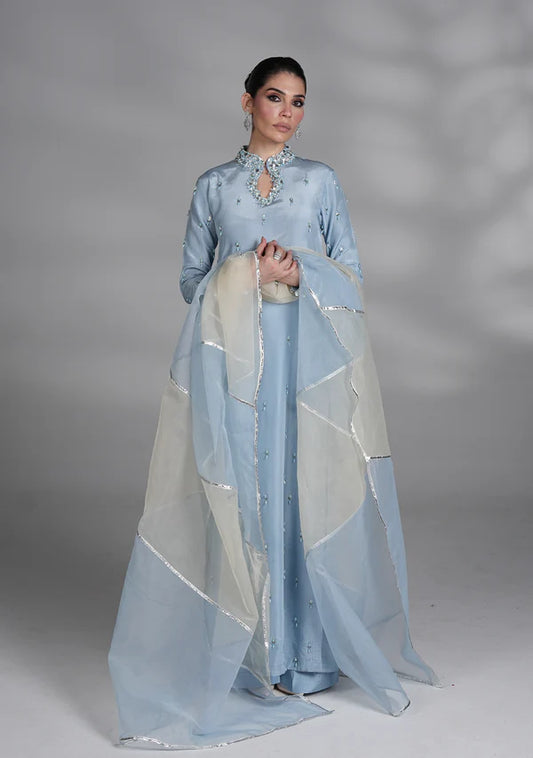 Ice Blue Embellished Silk 3 Piece - AM-14