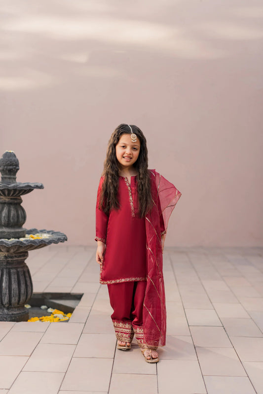 Kids Maroon Silk Suit - 3pc