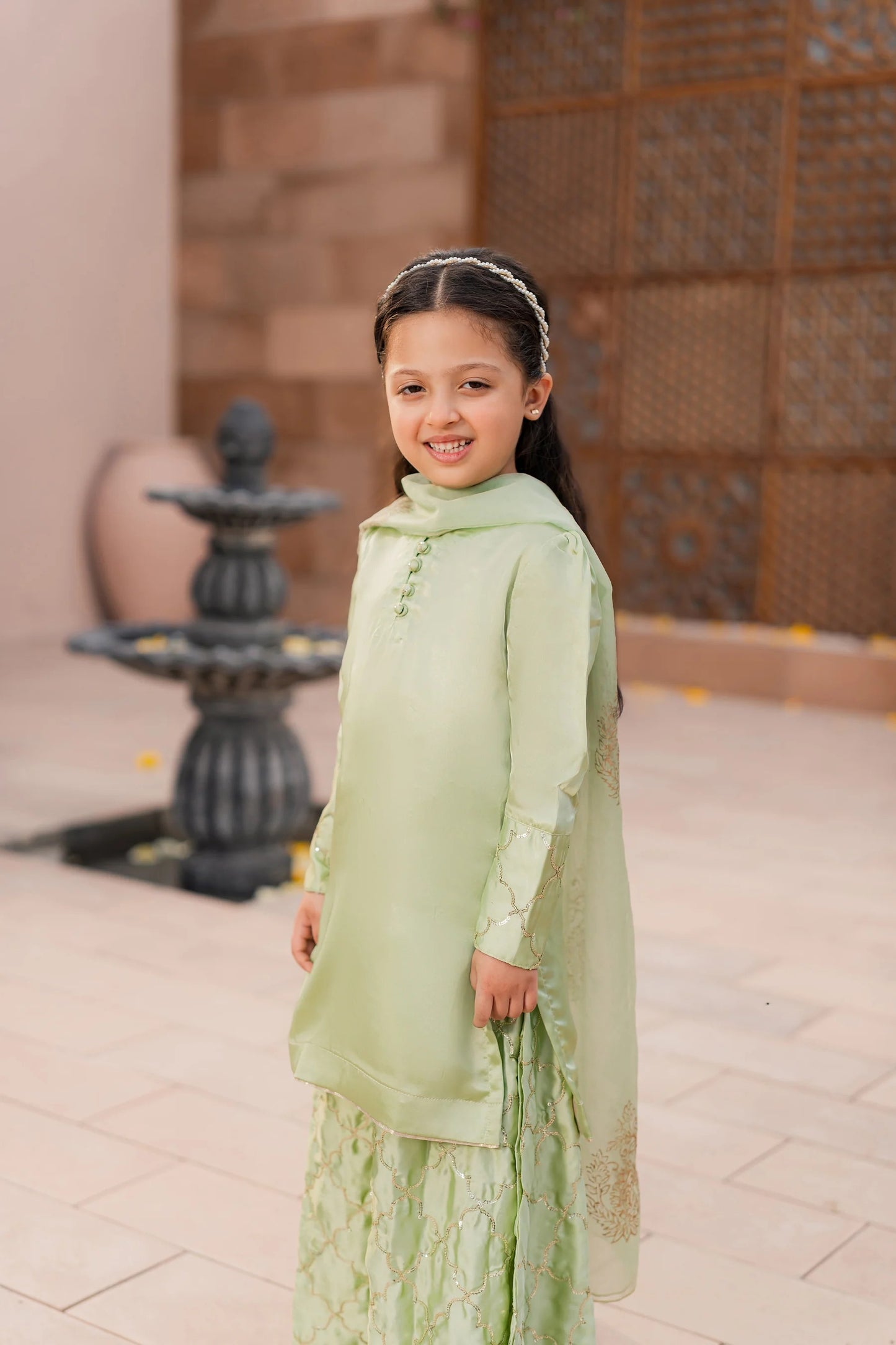 Kids Olive Silk Sharara Suit