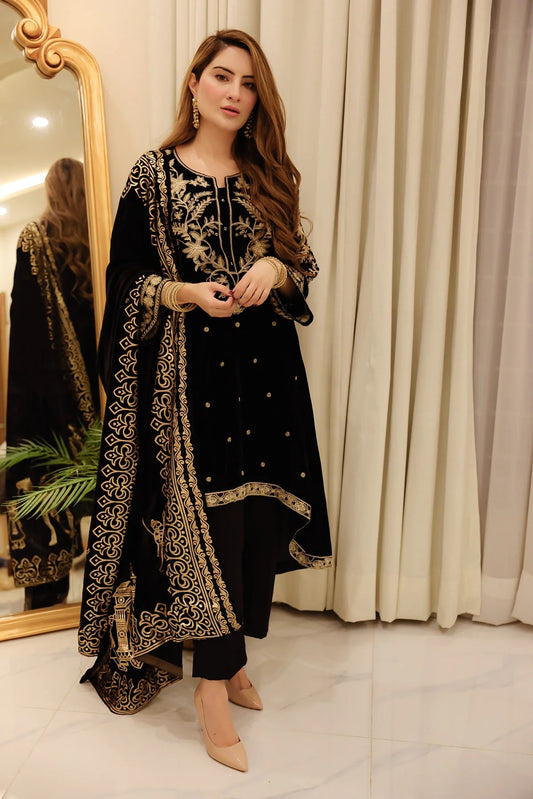 Afreen - Embroidered Velvet Suit - 2pc