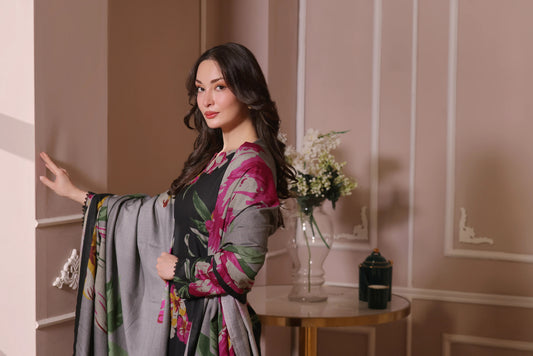 Floral Dhanak Suit - Black