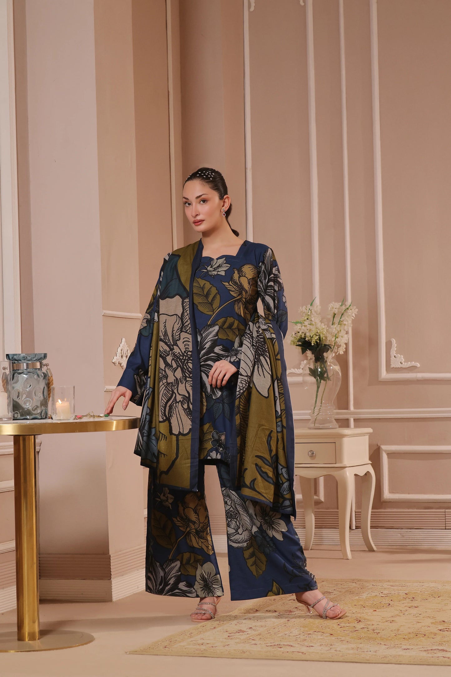 Printed Dhanak Suit 3pc - Navy