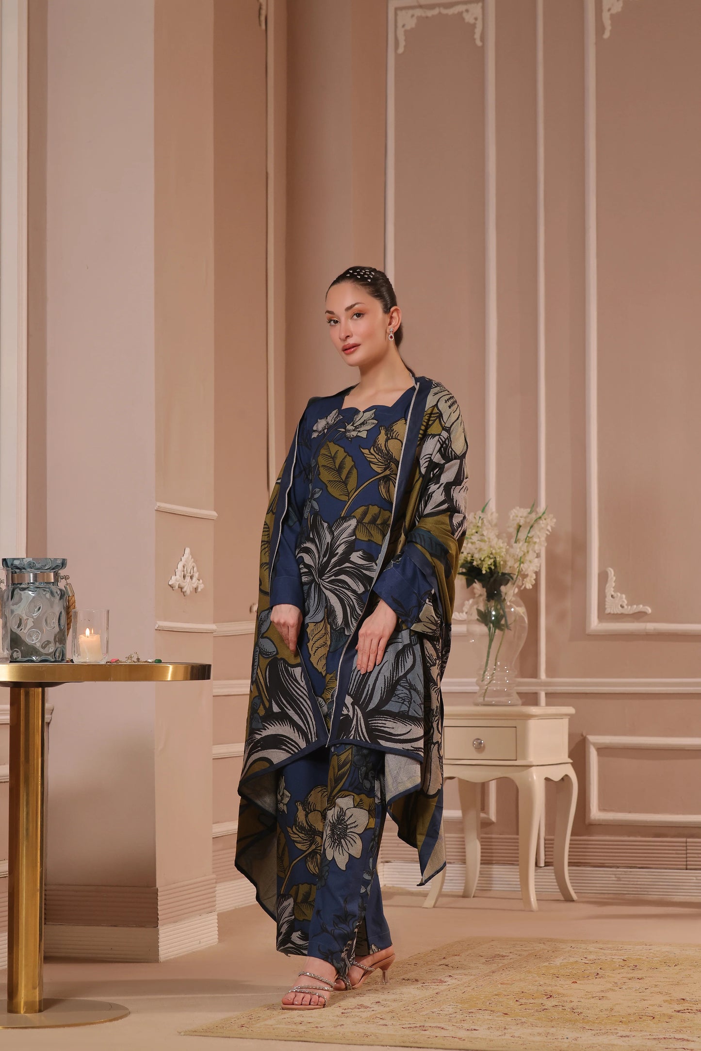 Printed Dhanak Suit 3pc - Navy