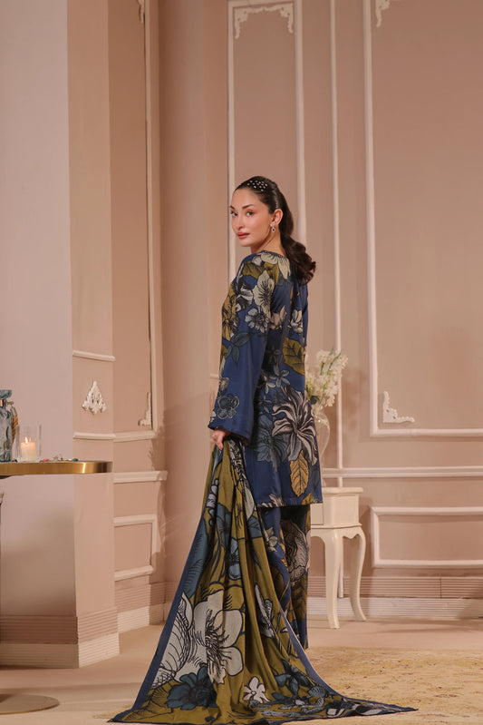 Printed Dhanak Suit 3pc - Navy