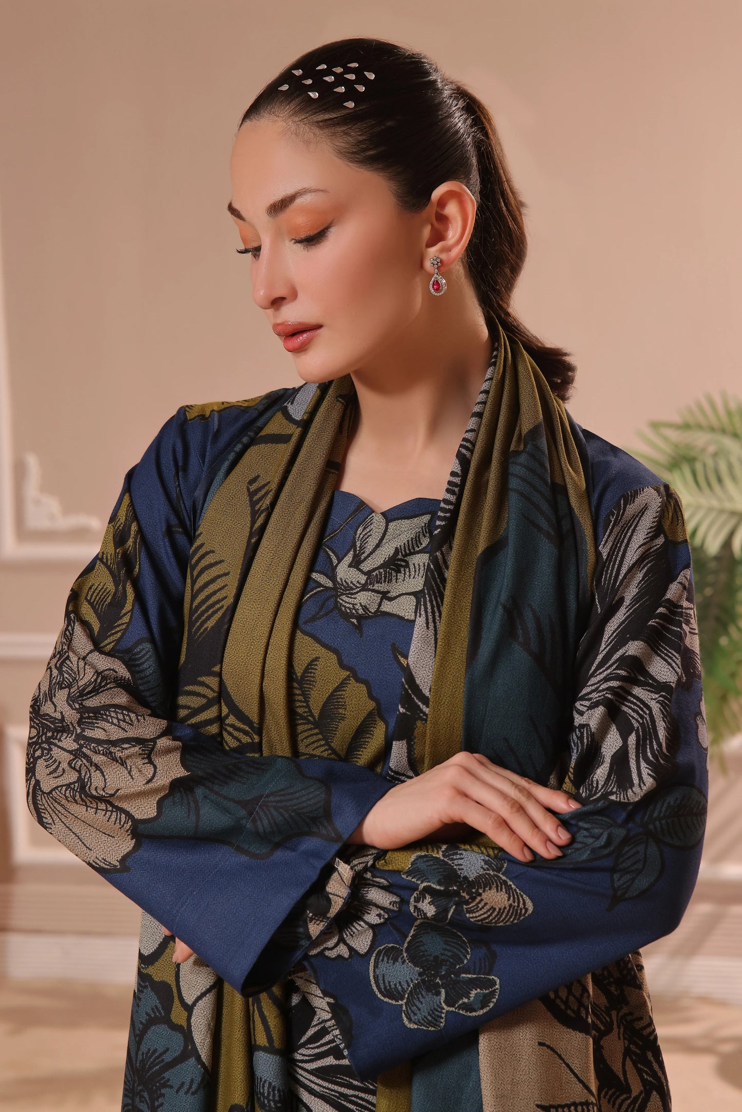 Printed Dhanak Suit 3pc - Navy