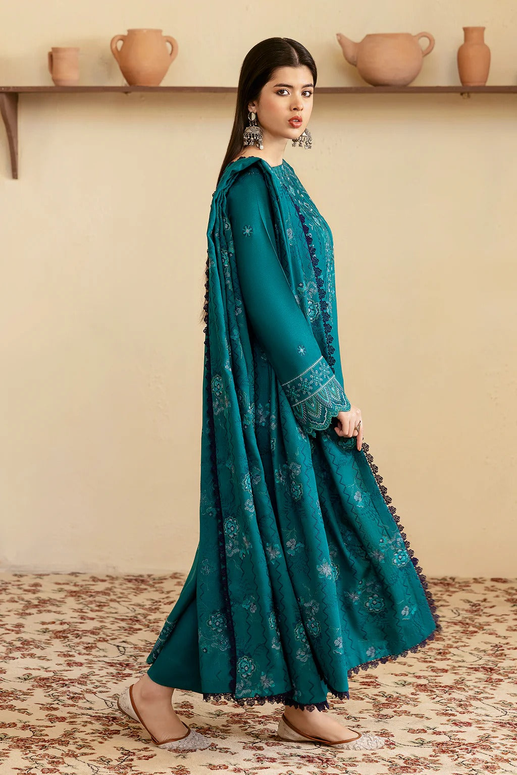Embroidered Karandi Winter Suit - Teal
