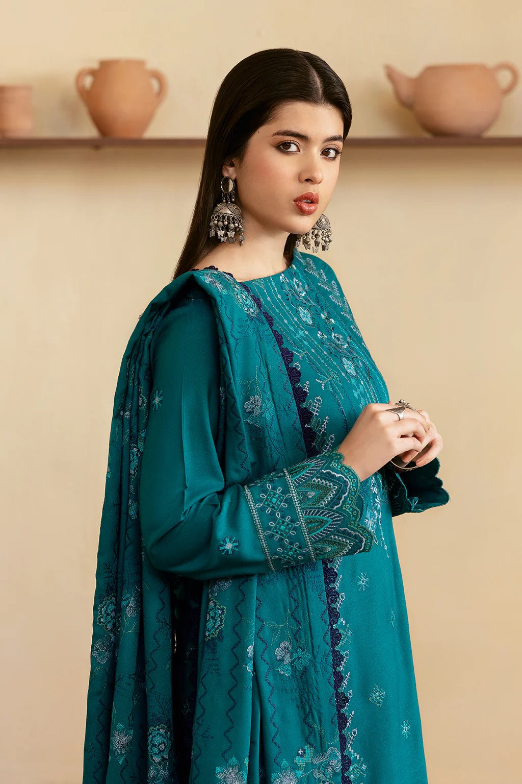 Embroidered Karandi Winter Suit - Teal