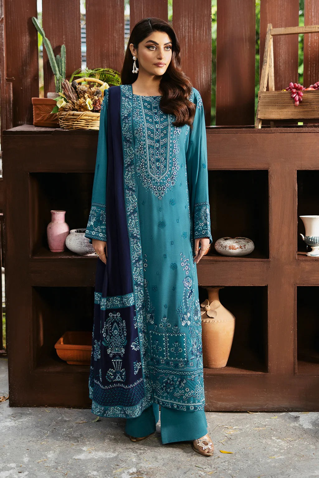 Embroidered Karandi Suit - Fountain Blue