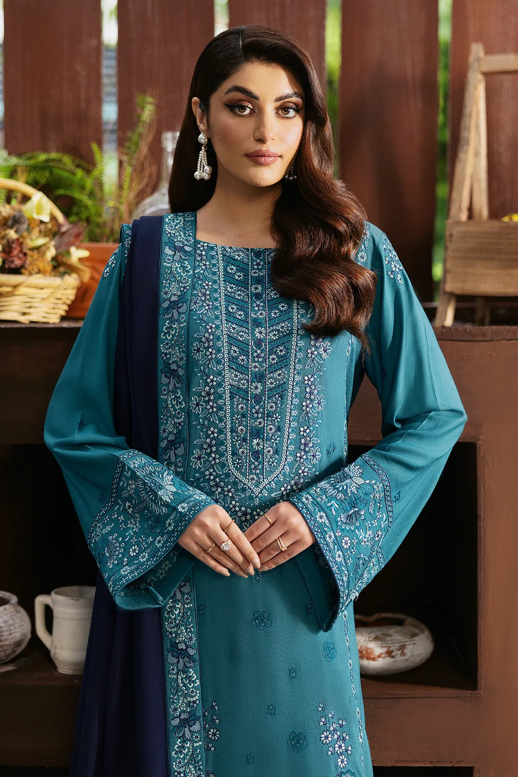 Embroidered Karandi Suit - Fountain Blue