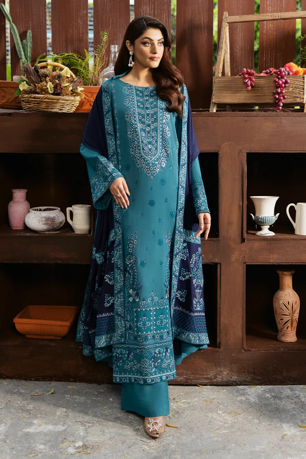 Embroidered Karandi Suit - Fountain Blue