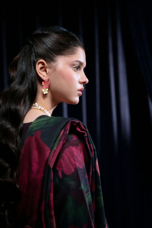 Floral Printed Dhanak Suit - Black