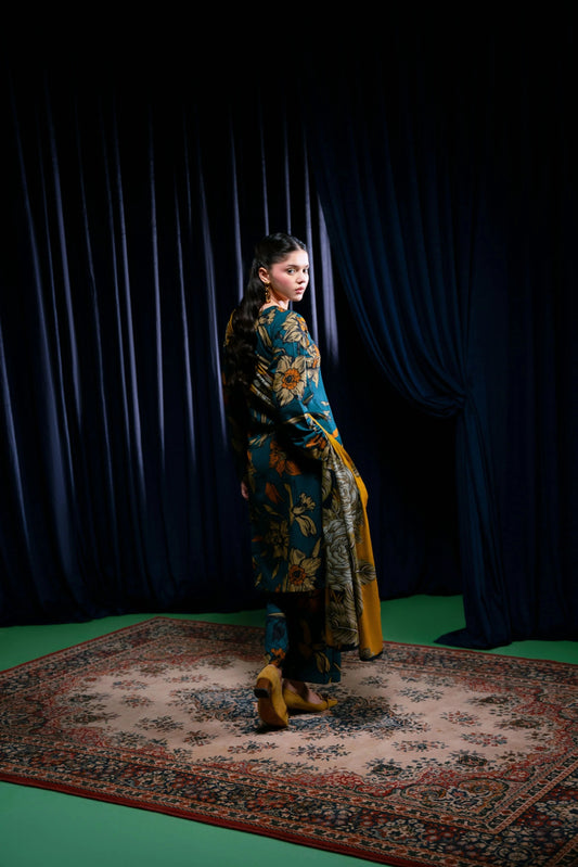 Floral Printed Dhanak Suit - Teal Blue
