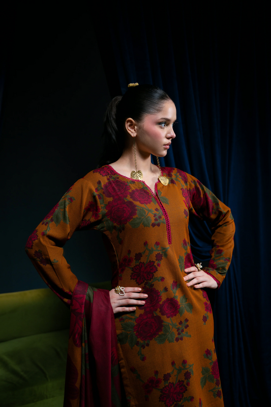 Digital Printed Dhanak Suit - Mustard