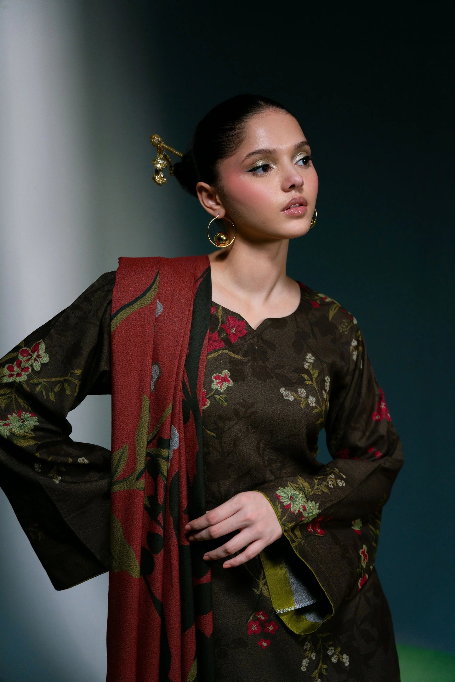 Digital Printed Dhanak Suit - Dark Olive