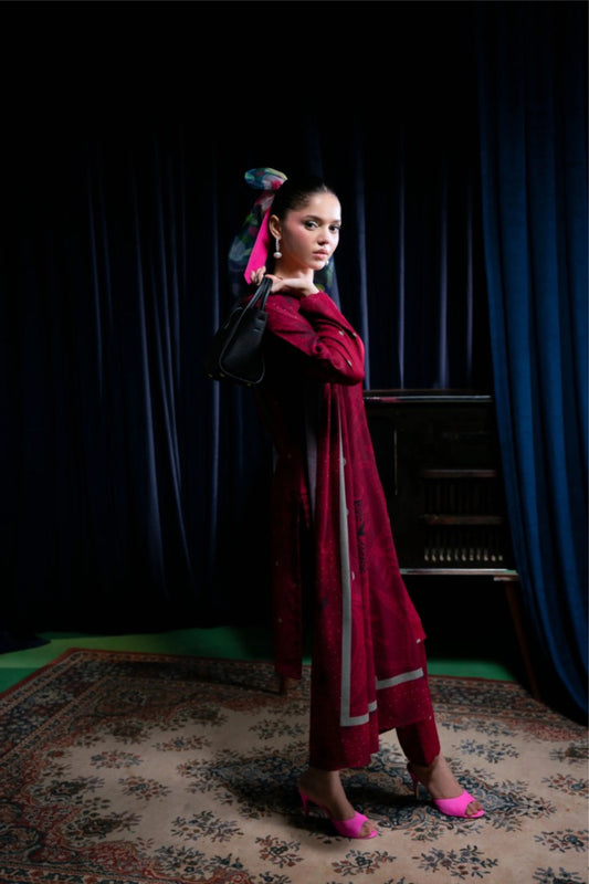 Floral Printed Dhanak Suit - Red