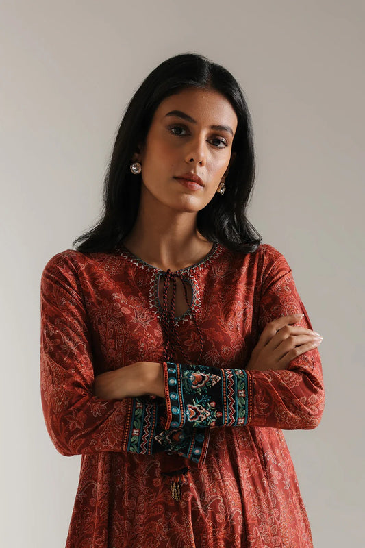 Crimson Folk Anarkali Pishwas – Brick Red
