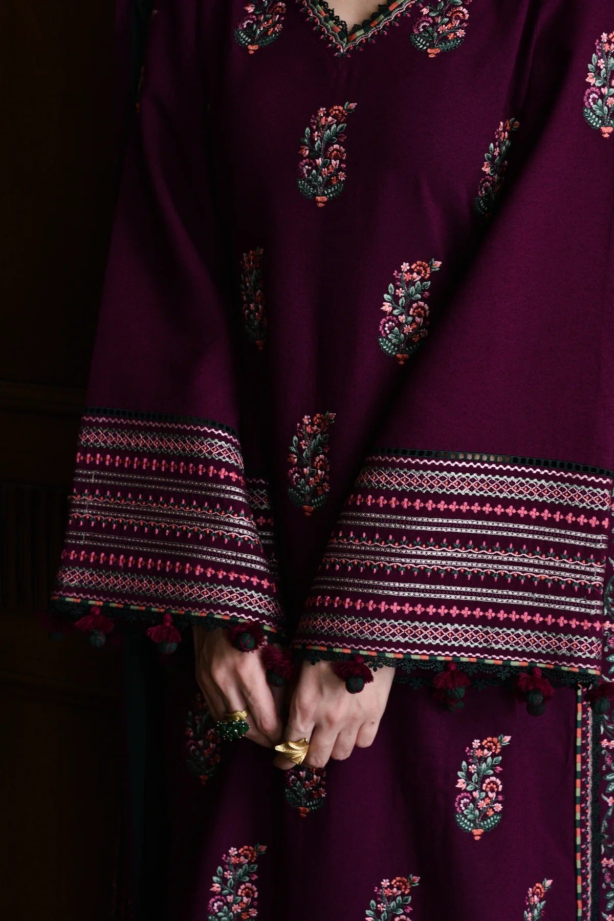 Luxury Embroidered Karandi Set - Deep Plum