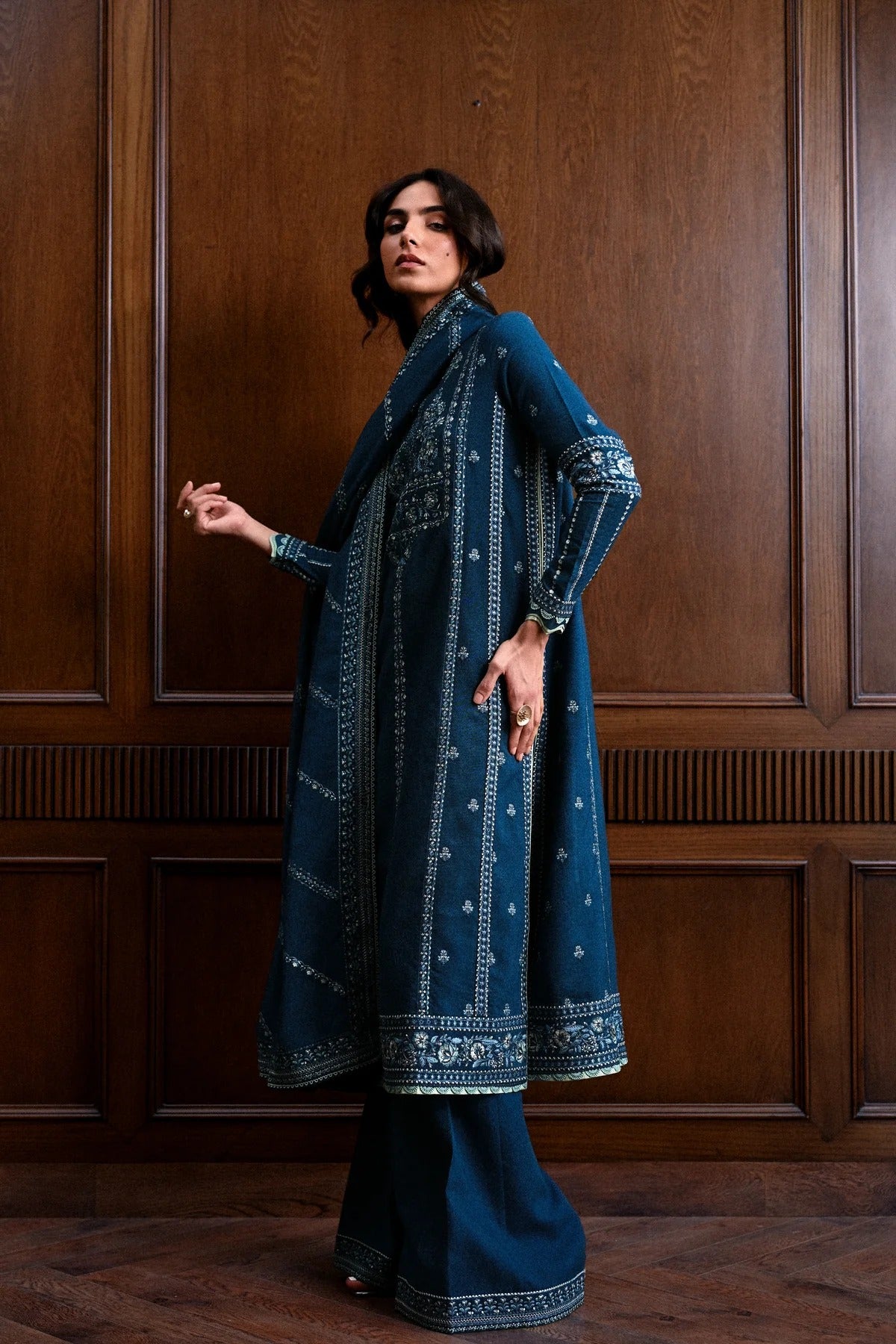 Luxury Embroidered Karandi Set - Teal Blue