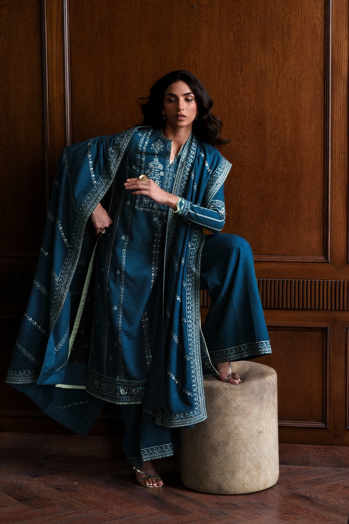 Luxury Embroidered Karandi Set - Teal Blue