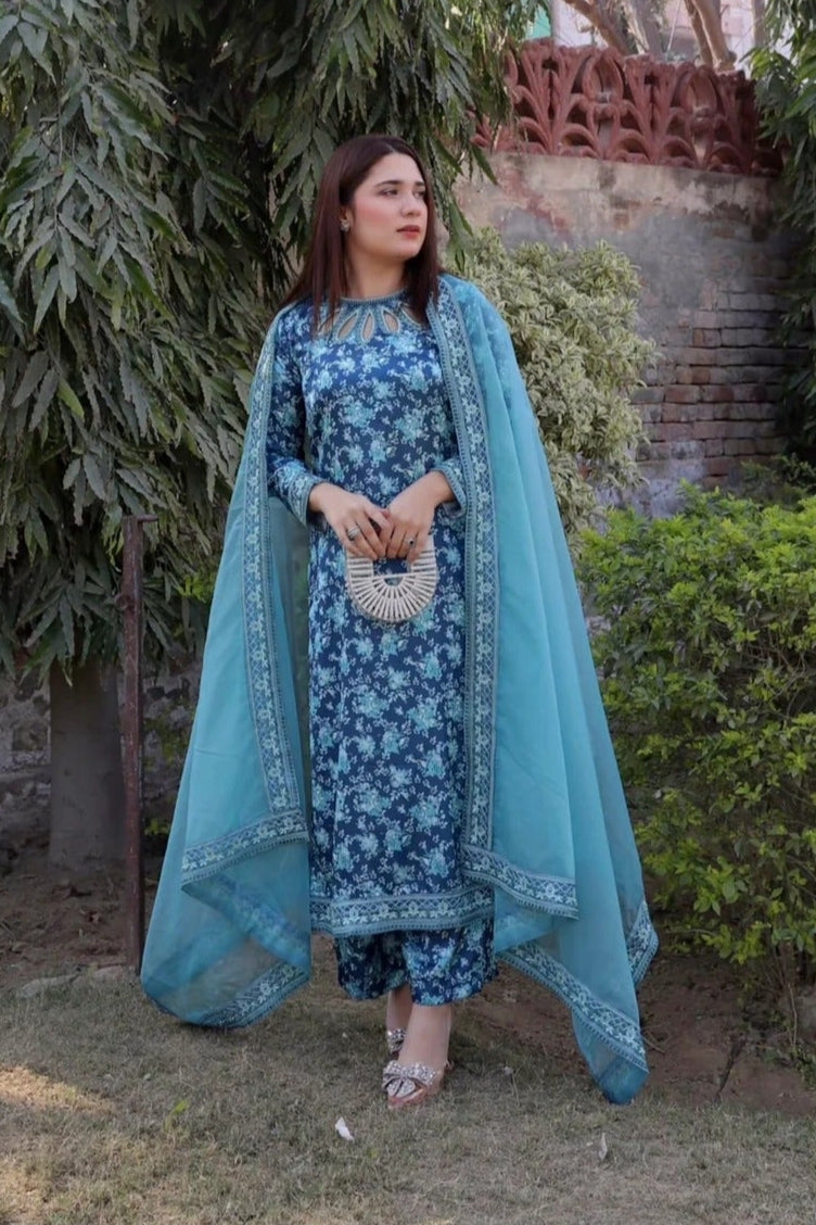 Embroidered 3PC Suit - Waves