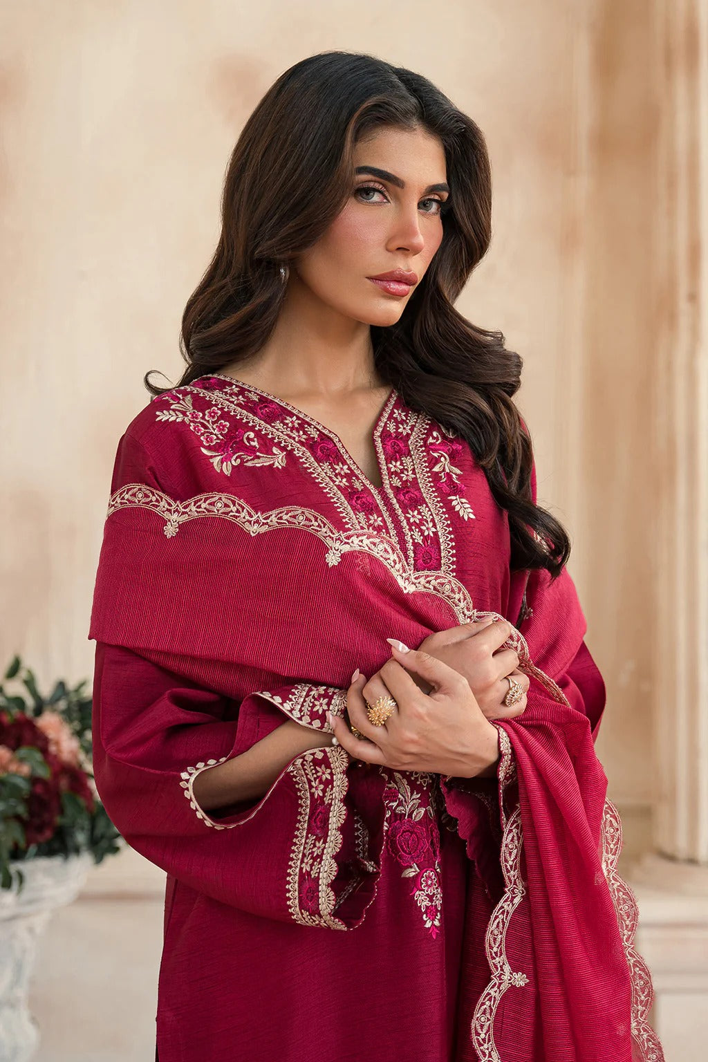 Embroidered Maroon Silk Suit - Vera