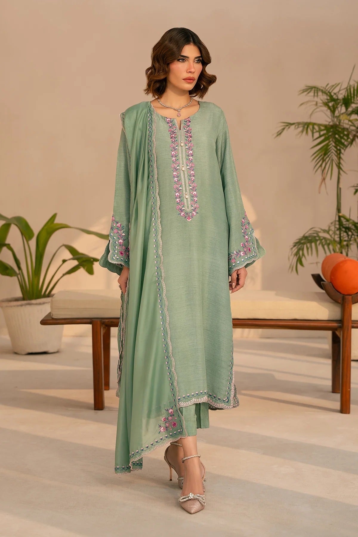 Embroidered Mint Green Silk Suit - Anya