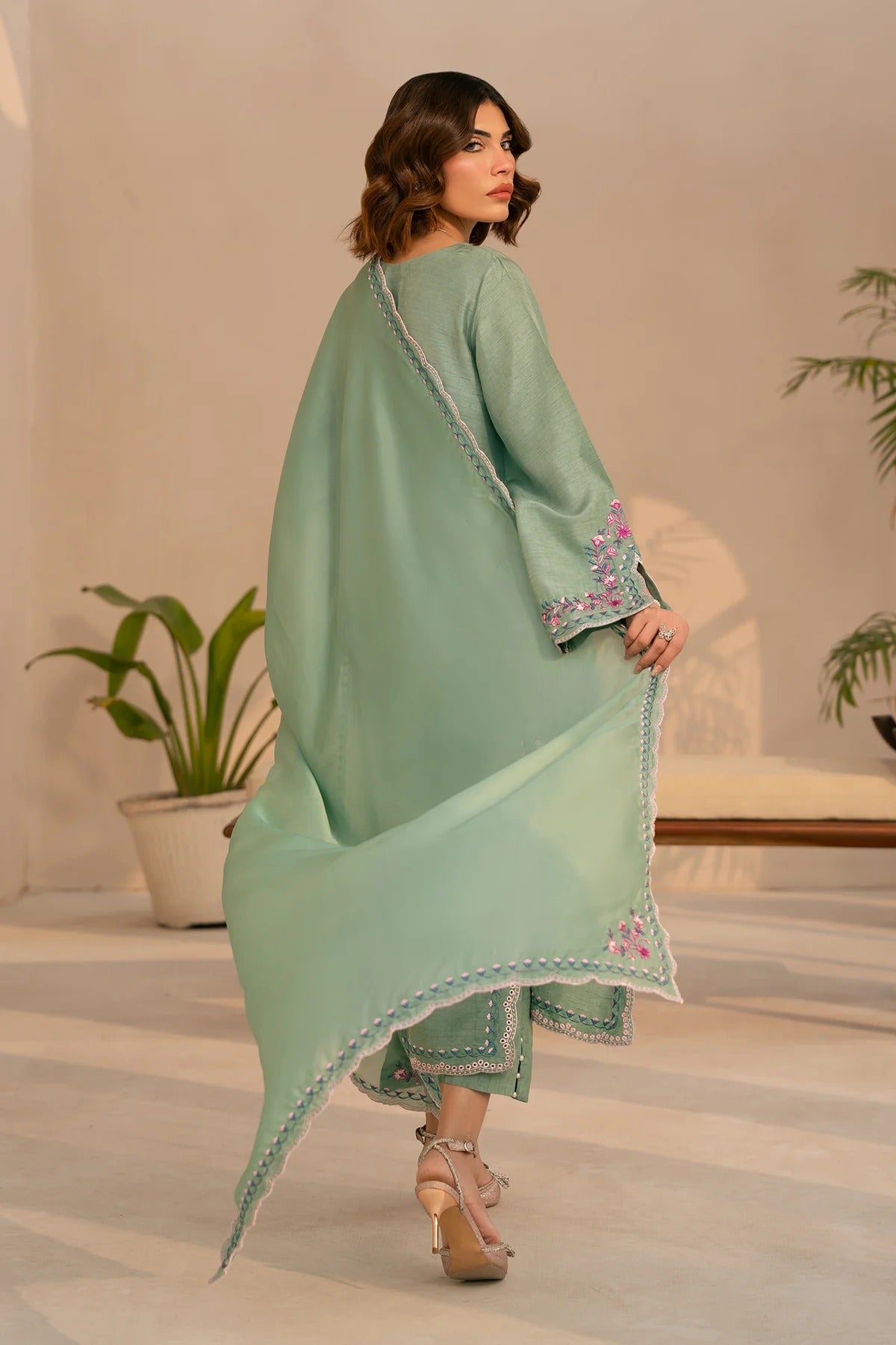 Embroidered Mint Green Silk Suit - Anya