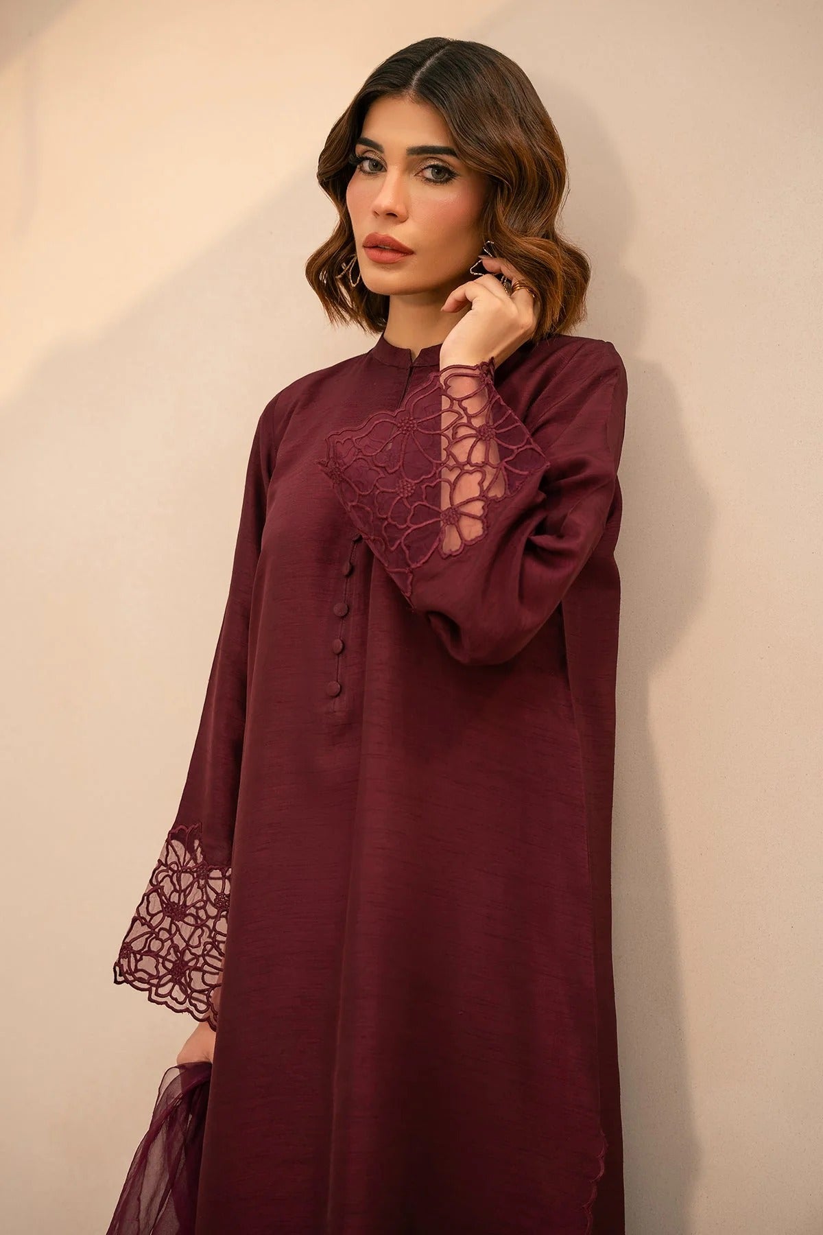 Embroidered Burgandy Silk Suit - Hailey B