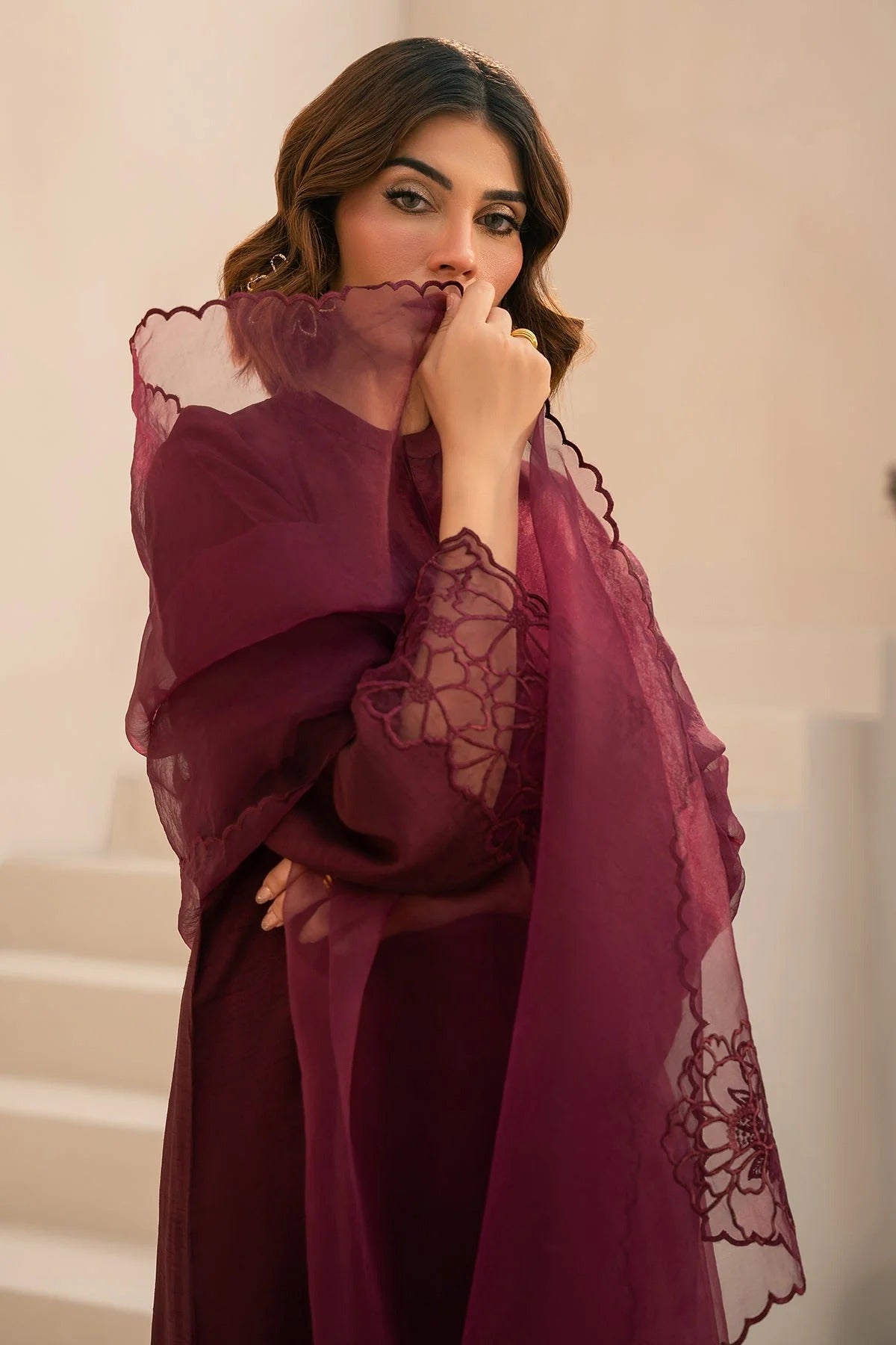 Embroidered Burgandy Silk Suit - Hailey B