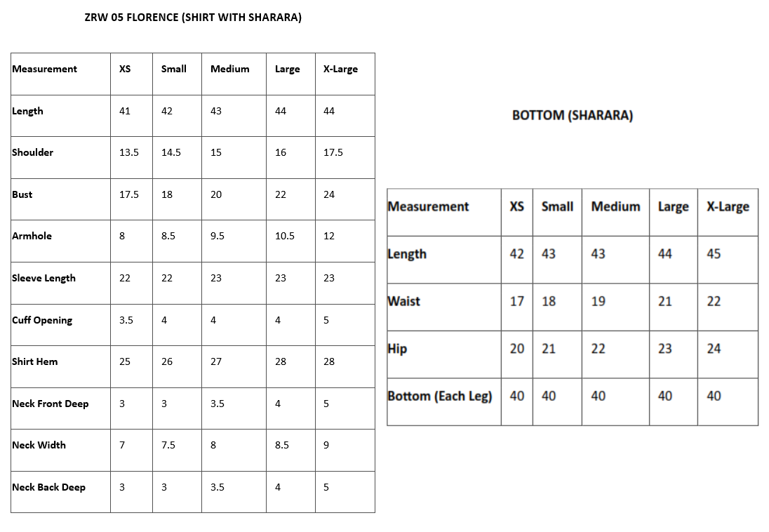 Size chart for a shirt with sharara bottom on a white background