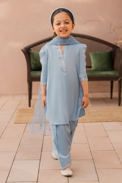 Kids Sky-Blue Silk Suit - 3pc