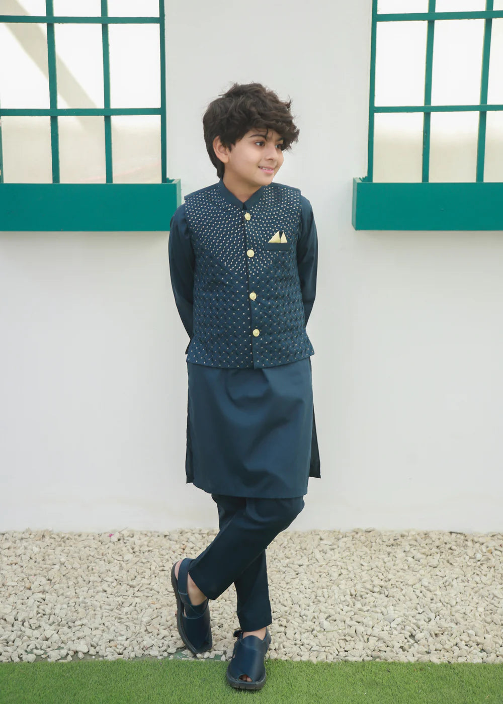 Steel Blue Kids Waistcoat Suit | Boys Festive Wear | Ready To Ship