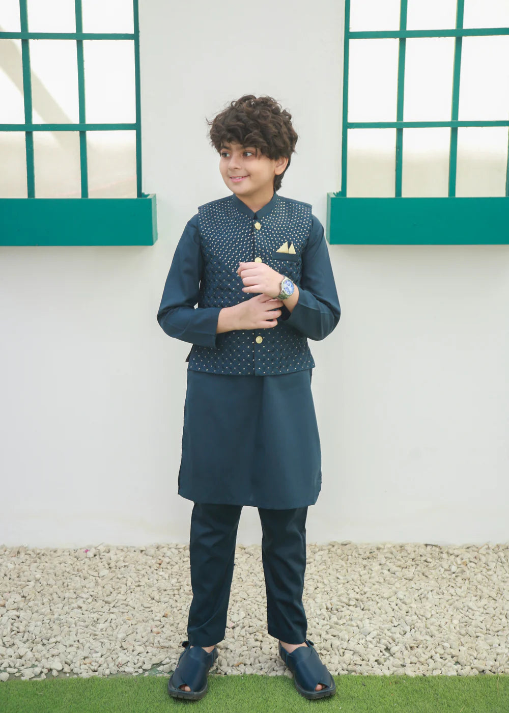 Steel Blue Kids Waistcoat Suit | Boys Festive Wear | Ready To Ship