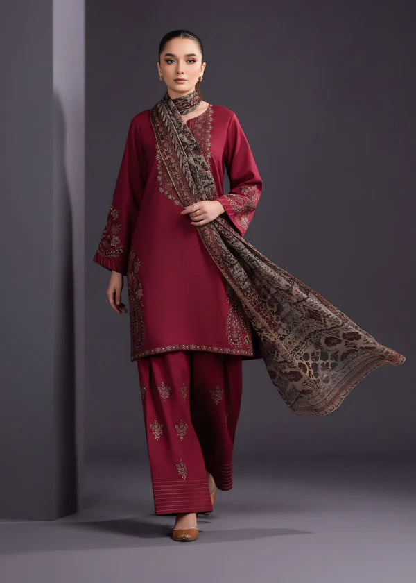 Maroon Embroidered Linen Suit (3pc) | Ready to Ship