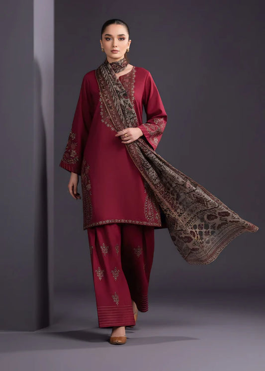 Maroon Embroidered Linen Suit (3pc) | Ready to Ship