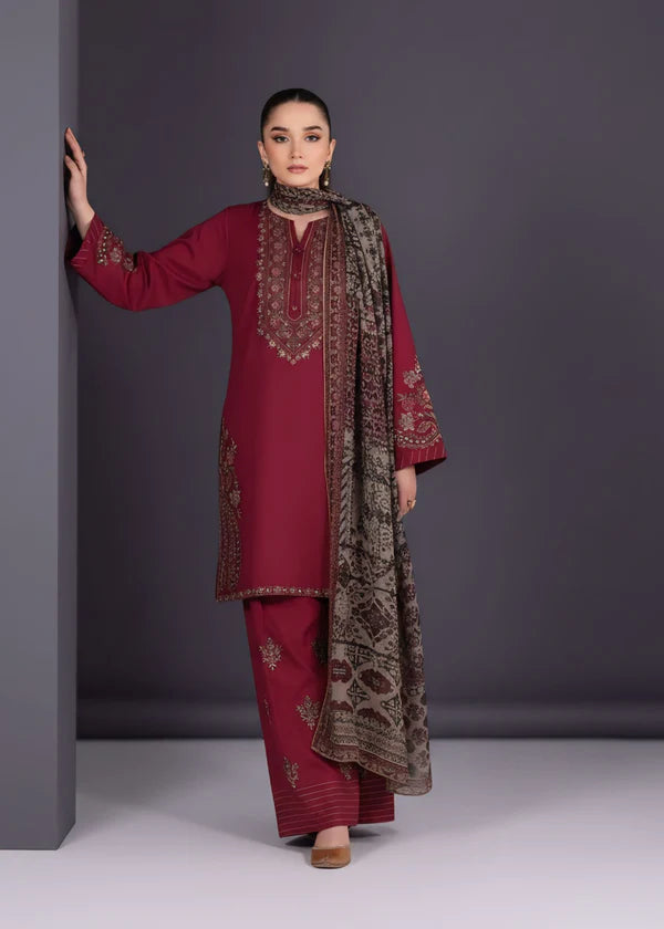 Maroon Embroidered Linen Suit (3pc) | Ready to Ship
