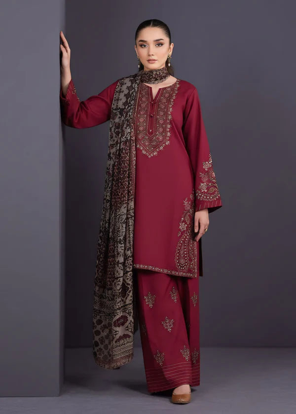 Maroon Embroidered Linen Suit (3pc) | Ready to Ship