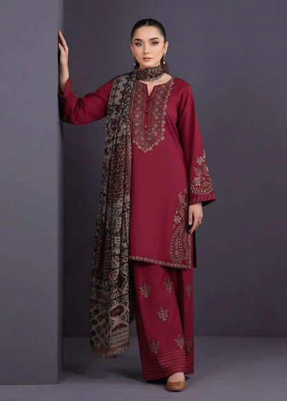 Maroon Embroidered Linen Suit (3pc) | Ready to Ship