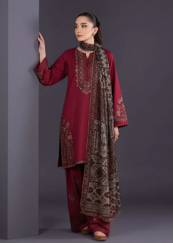 Maroon Embroidered Linen Suit (3pc) | Ready to Ship