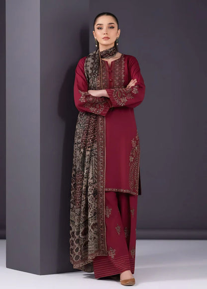 Maroon Embroidered Linen Suit (3pc) | Ready to Ship
