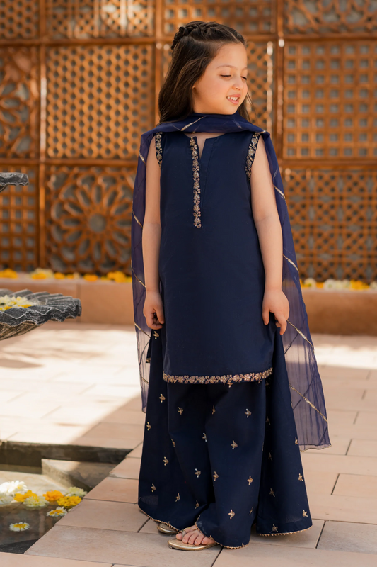 Kids Navy Silk Suit - 3pc