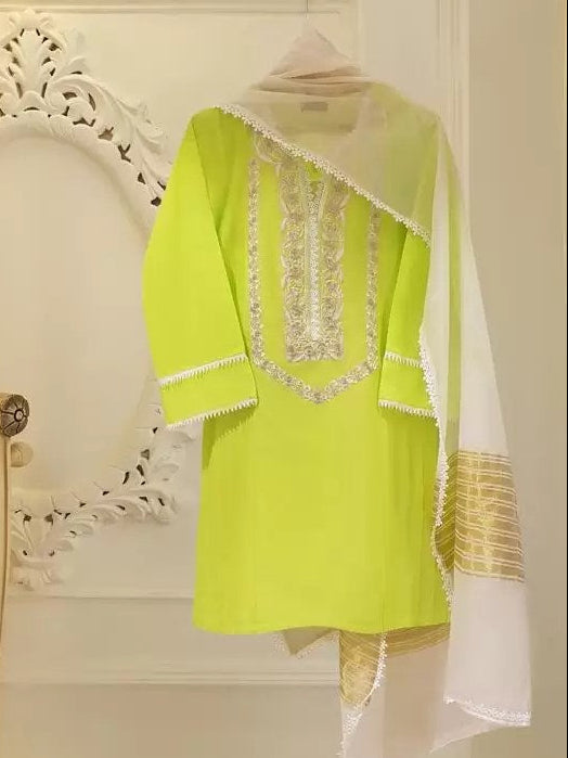 Green outfit with white dupatta hanging on a decorative wall