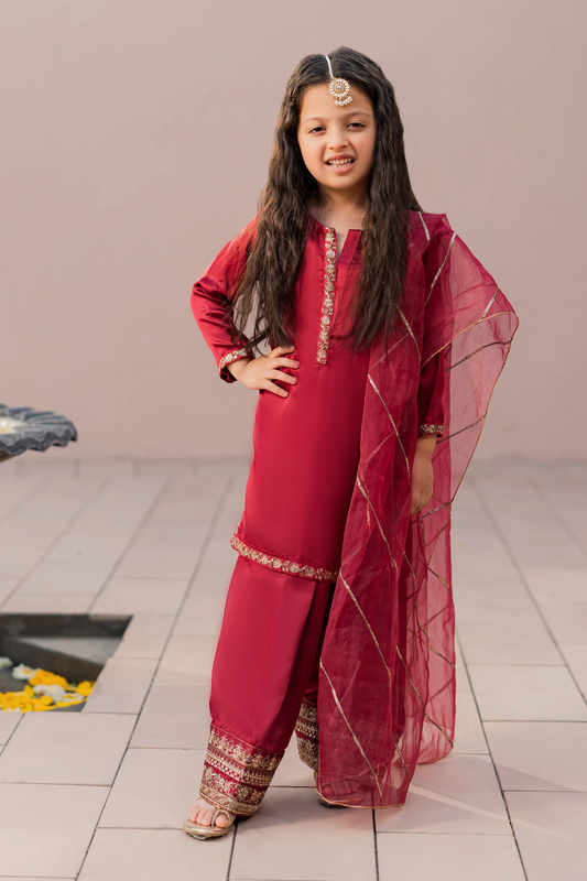 Kids Maroon Silk Suit - 3pc