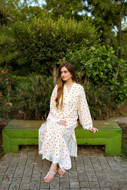 White Floral Chikenkari Set - ASR-17