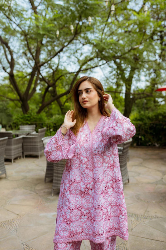 Pink Cutwork Chikan Cordset - ASR16