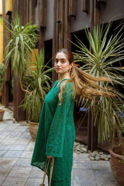 Bottle Green Shiffli Chikan Set - ASR19