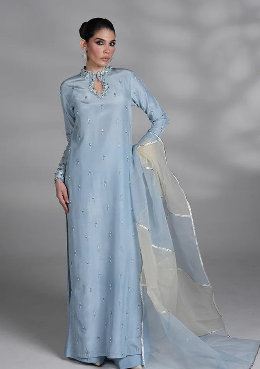 Ice Blue Embellished Silk 3 Piece - AM-14