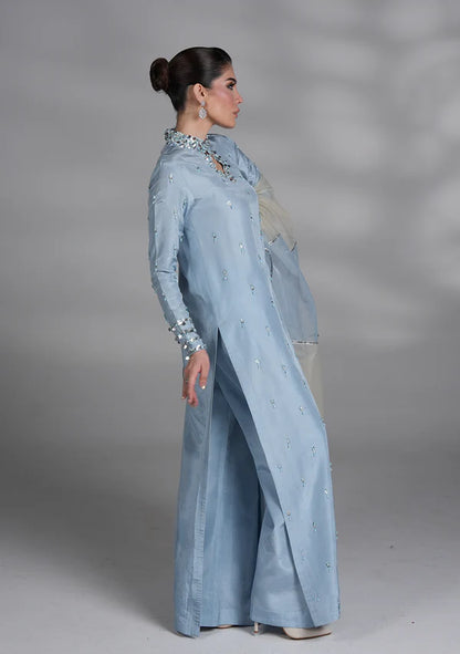 Ice Blue Embellished Silk 3 Piece - AM-14